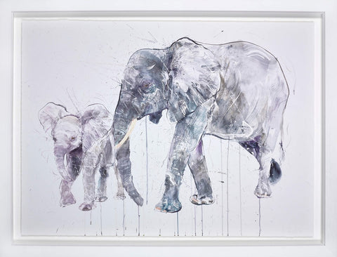Dave White, Elephant and Calf - Framed
