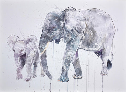 Dave White, Elephant and Calf - Framed
