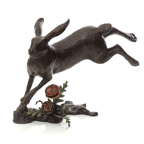 High Hopes II by Michael Simpson - a solid bronze sculpture capturing a lively hare leaping through a field of red poppies