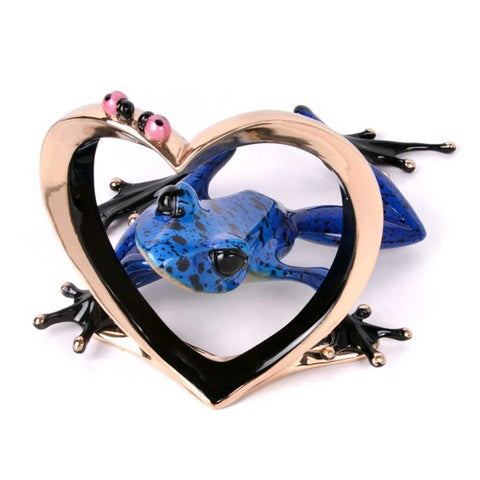 Infatuation Frogman bronze sculpture by Tim Cotterill showing blue patterned frog and heart detail