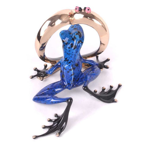Infatuation Frogman bronze by Tim Cotterill rear view of blue frog and gold heart sculpture