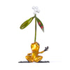 Frogman Misteltoe - back profile of bronze sculpture gold frog reaches tentatively for two ruby red ladybugs cling to a sprig of mistletoe.