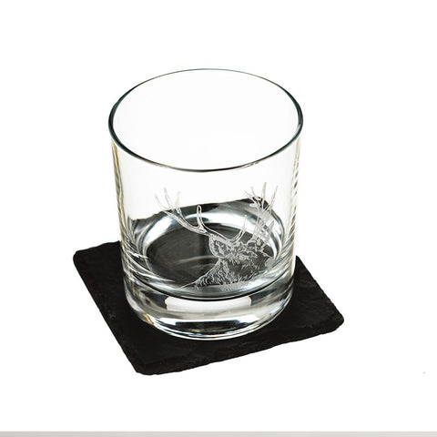 Selbrae House, Stag Engraved Glass Tumbler with Slate Coaster Gift Set