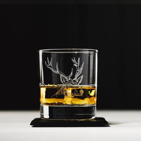 Selbrae House, Stag Engraved Glass Tumbler with Slate Coaster Gift Set